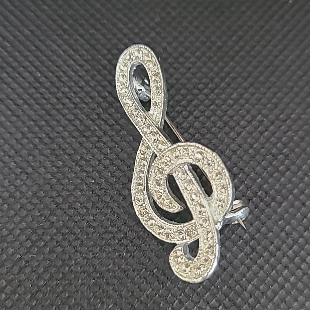 VINTAGE Rhinestone Treble Clef Music Note Brooch - Picture 3 of 12